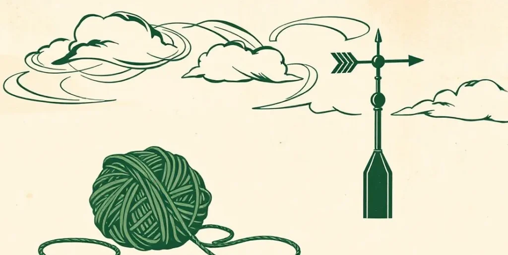Illustration of a tangled ball of yarn beside a spinning weather vane