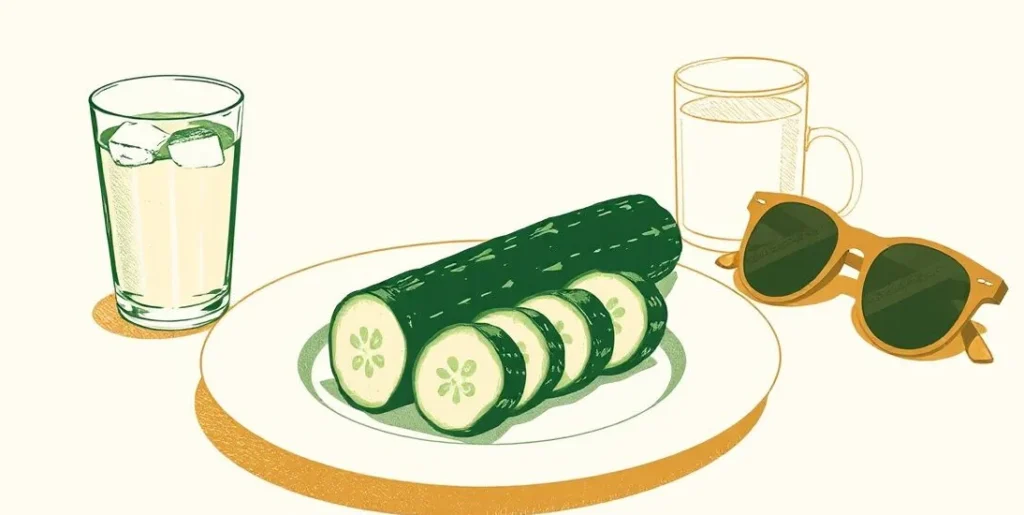 Illustration of a sliced cucumber beside a glass of iced water and sunglasses