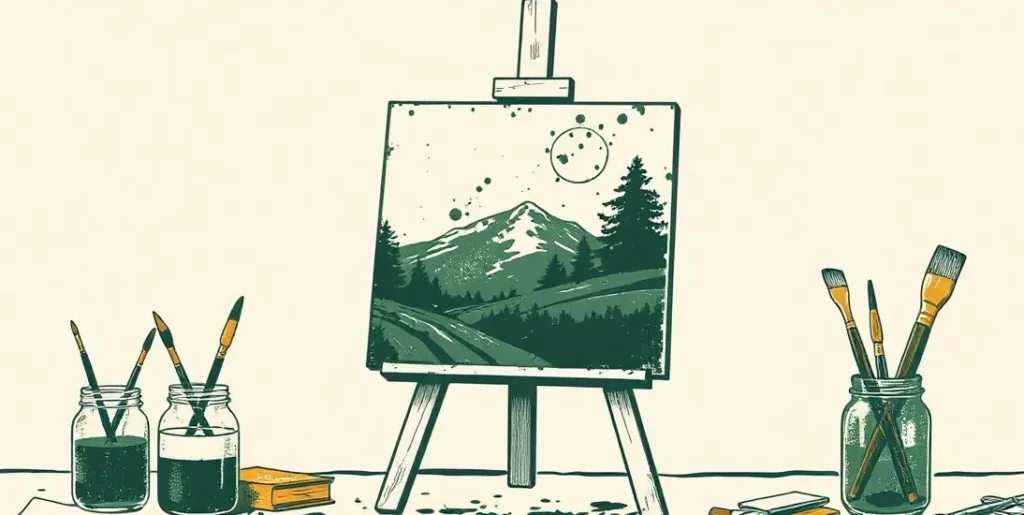 Illustration of an easel with a half-finished landscape beside jars of brushes