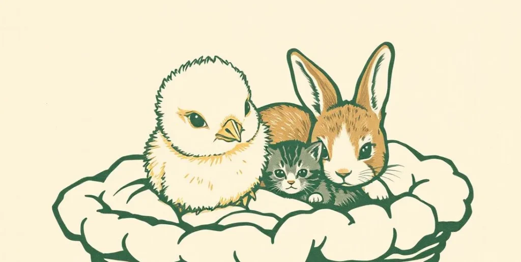 Illustration of a chick, a bunny and a kitten nestled in a basket
