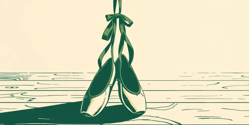 Illustration of ballet slippers on a wooden stage under a spotlight