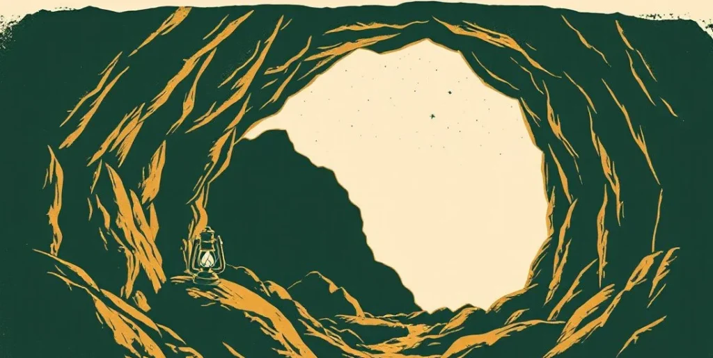 Illustration of a dark cave entrance at night with an unlit lantern on the rocks
