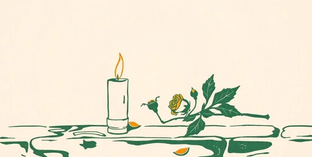Illustration of a candle going out beside a wilted rose on a stone ledge