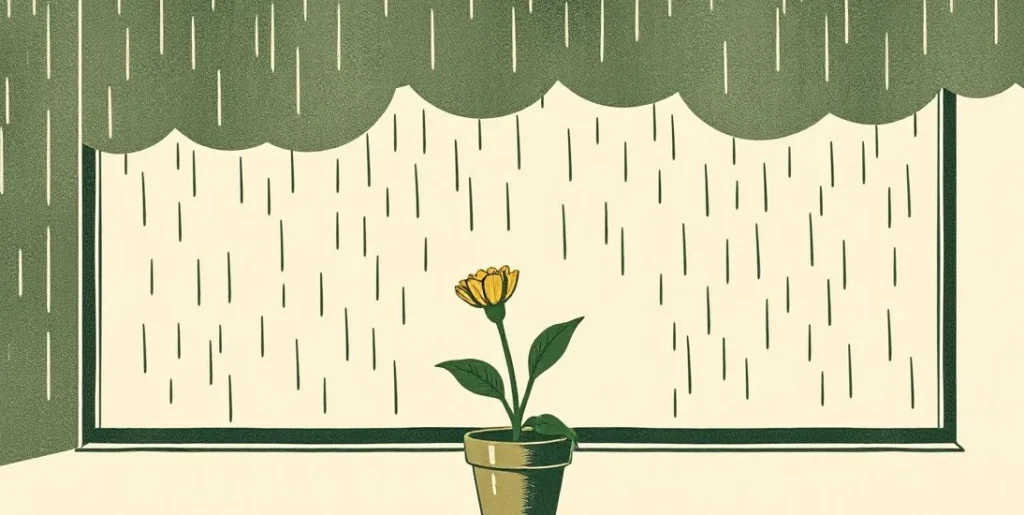 Illustration of a wilted potted flower on a rain-streaked ledge under gray clouds