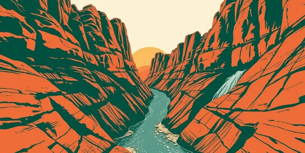 Illustration of a river carving a deep canyon through layered red rock