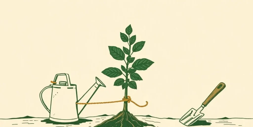 Illustration of a staked young sapling beside a watering can and trowel