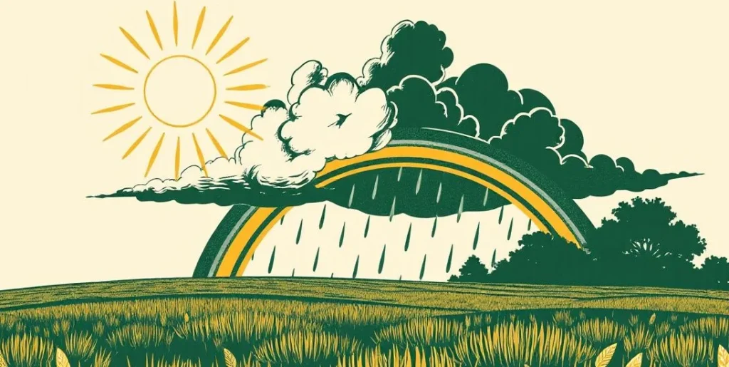 Illustration of sunshine, rain clouds and a rainbow over a meadow