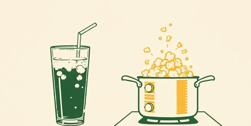 Illustration of a fizzing glass of soda beside popcorn bursting from a pot on the stove