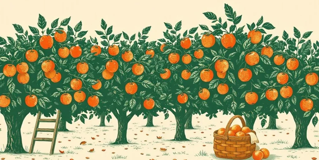 Illustration of an autumn orchard with a ladder and a basket of apples