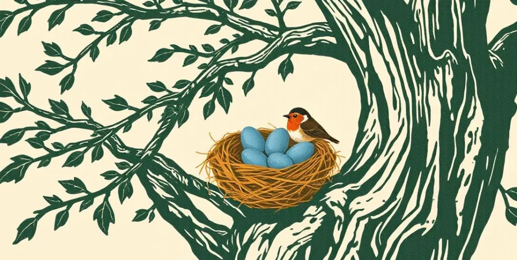 Illustration of a robin's nest with blue eggs in the branches of an oak