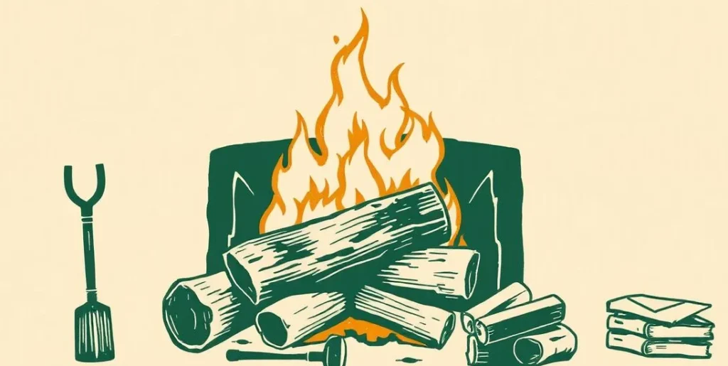 Illustration of a roaring fireplace with leaping flames and stacked firewood
