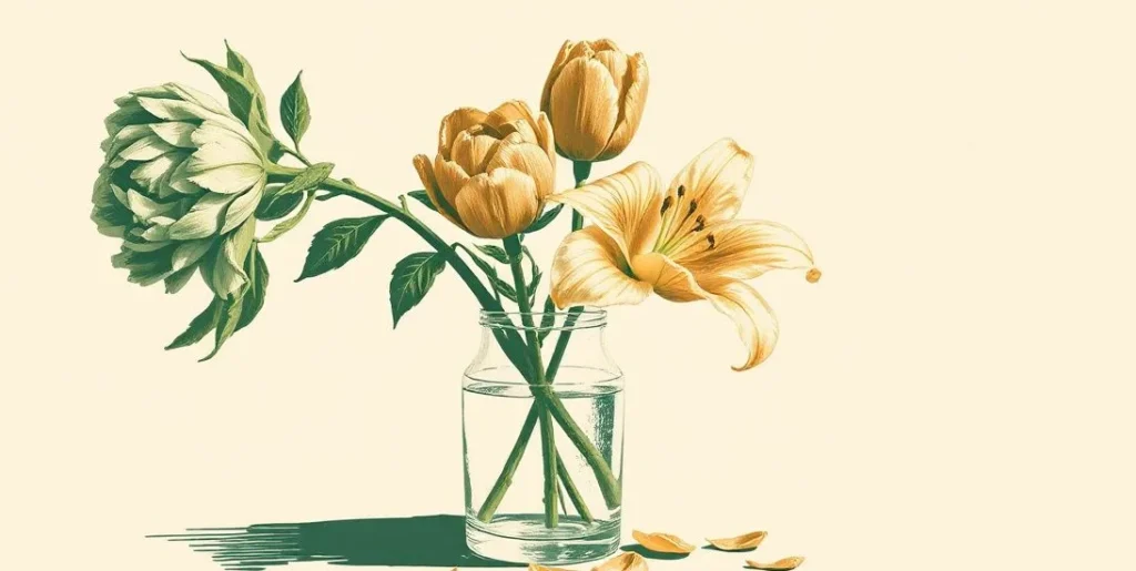 Illustration of a peony, tulip and lily in a glass vase with fallen petals