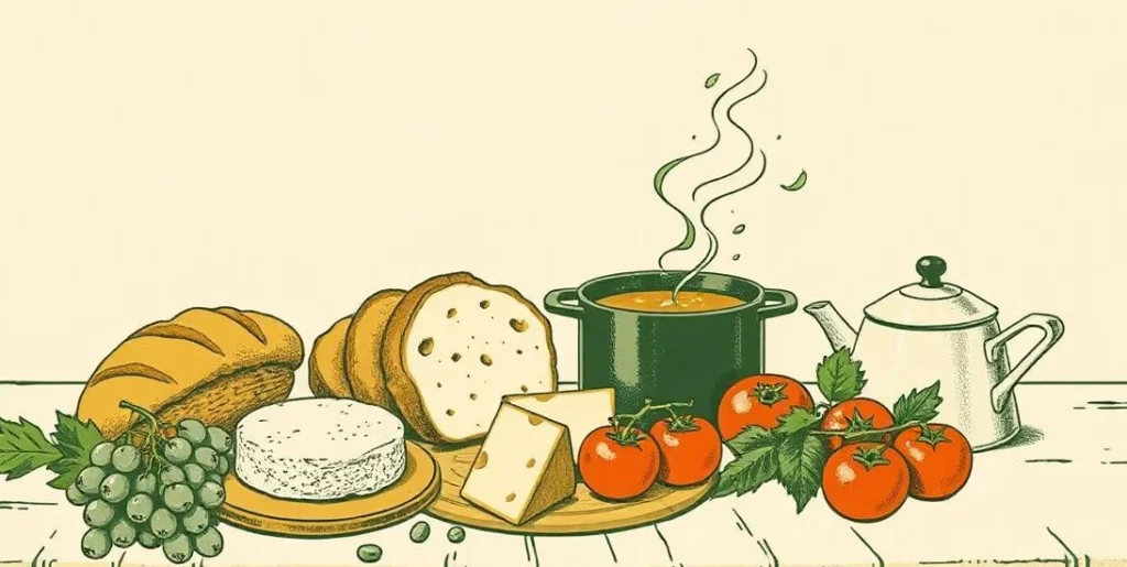 Illustration of a harvest table with bread, cheese, grapes and a pot of soup