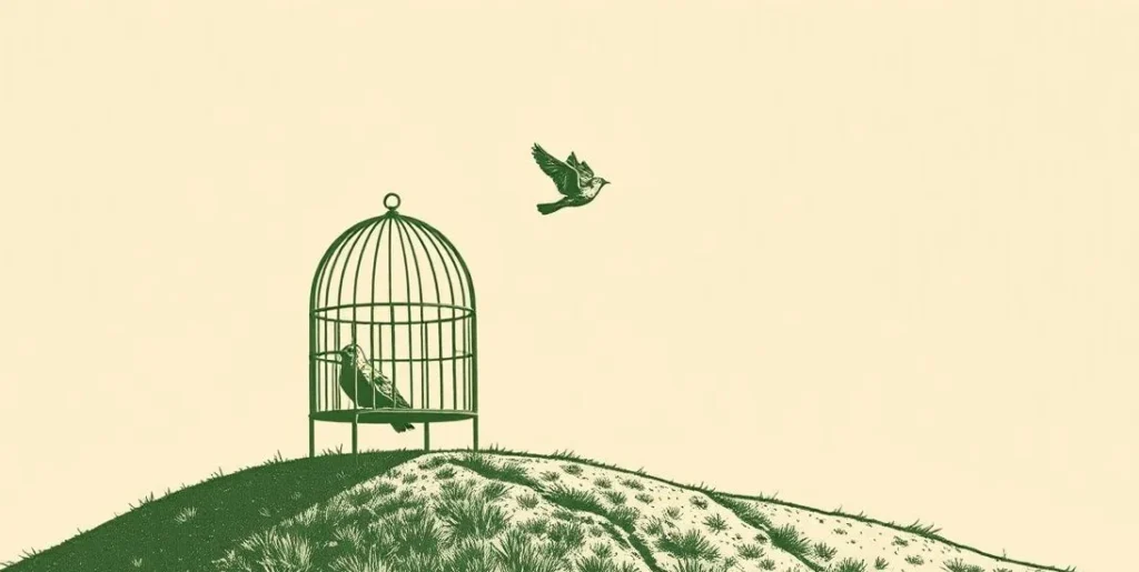 Illustration of a bird flying out of an open cage into the sky