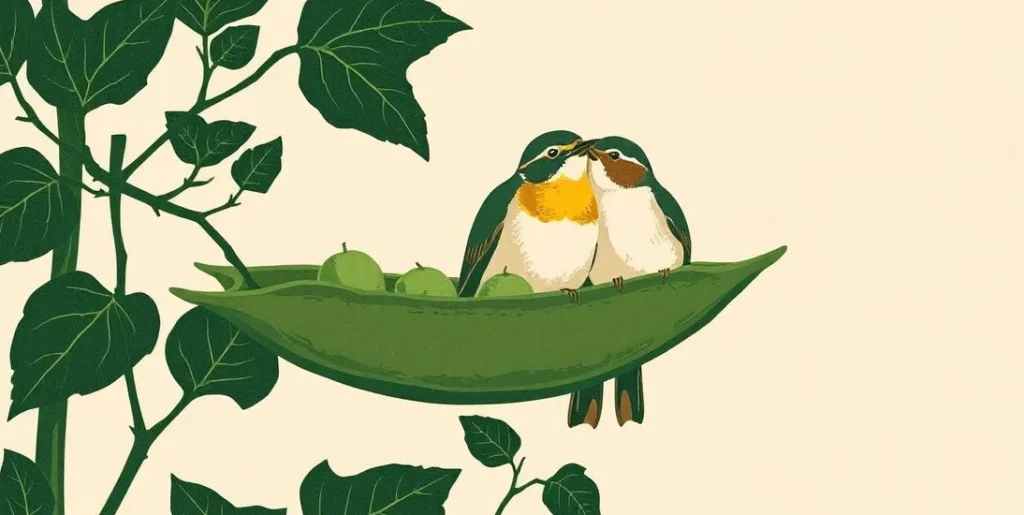 Illustration of two peas in a pod on a vine beside two lovebirds