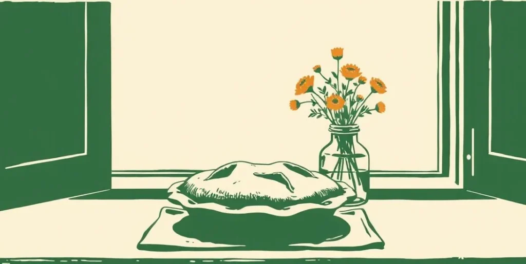 Illustration of a warm apple pie cooling on a windowsill beside wildflowers