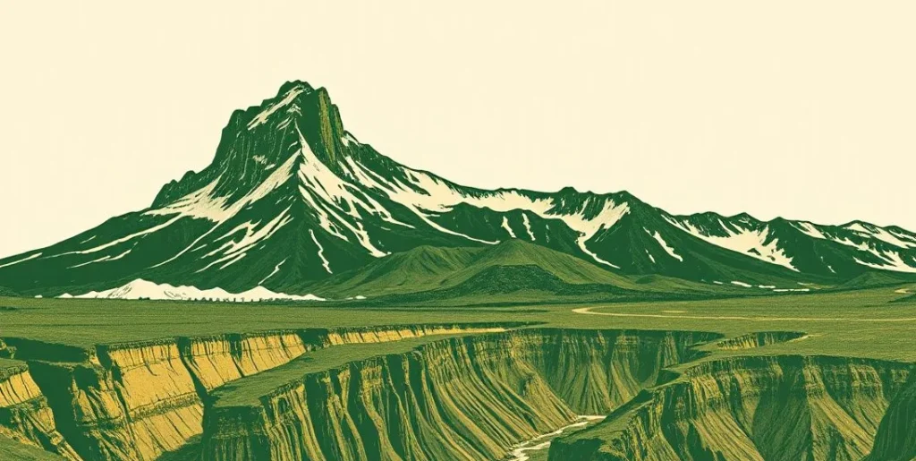 Illustration of a towering mountain range above the clouds and a vast canyon