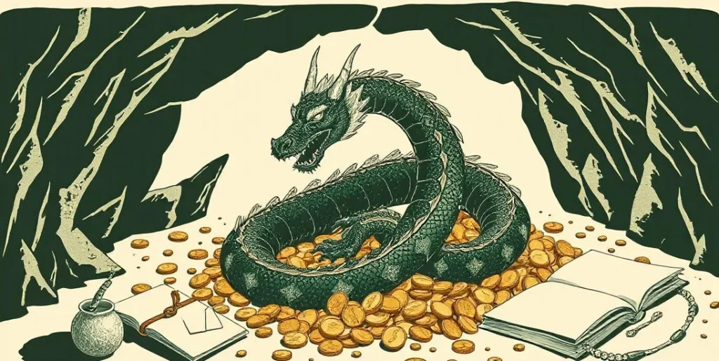 Illustration of a dragon coiled around a hoard of gold coins