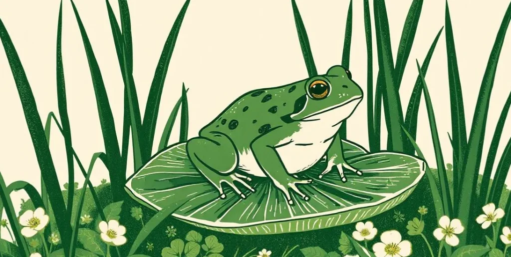 Illustration of a frog on a lily pad among green reeds and clover