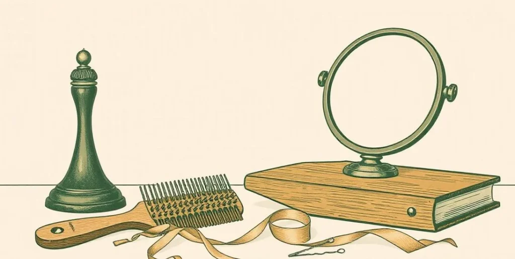 Illustration of a hairbrush, comb, ribbon and hand mirror on a vanity table