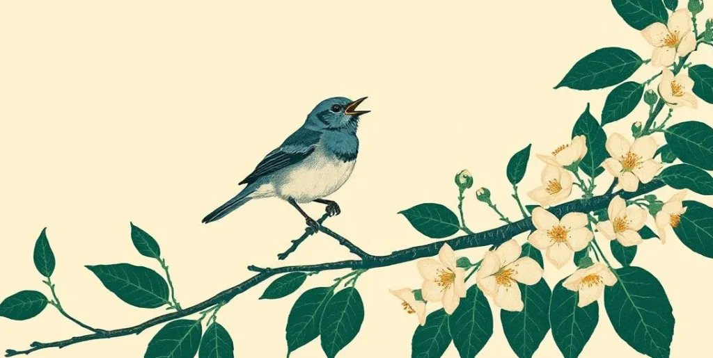 Illustration of a bluebird singing on a blossoming cherry branch in spring sunshine