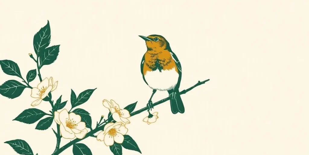 Illustration of a lark singing on a flowering branch in morning sun