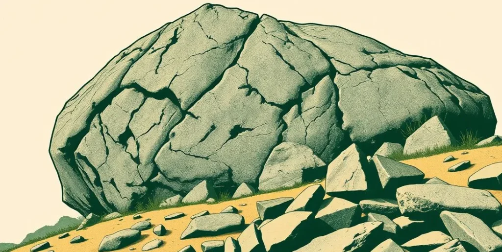 Illustration of a granite boulder and an iron anvil on a rocky hillside