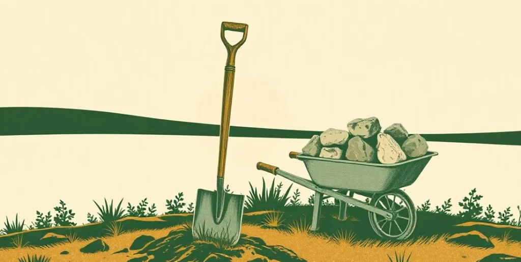 Illustration of a worn shovel in a dug field beside a wheelbarrow of stones