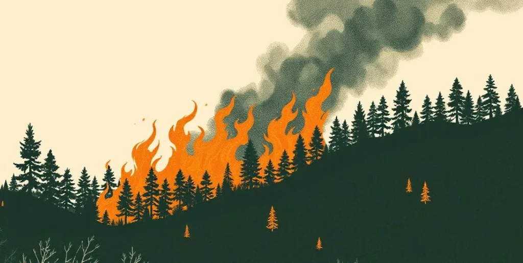 Illustration of a wildfire raging through a dry forest