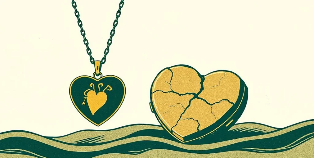 Illustration of a heart-shaped locket beside a cracked heart-shaped stone