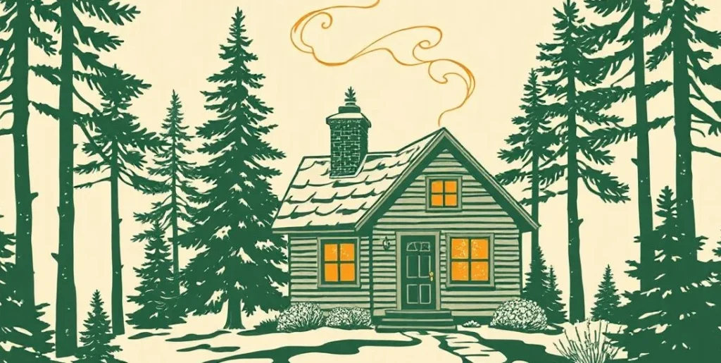 Illustration of a cozy cottage with a smoking chimney and glowing windows