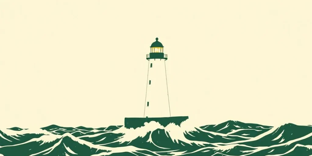 Illustration of a lighthouse beam shining across stormy waves at night