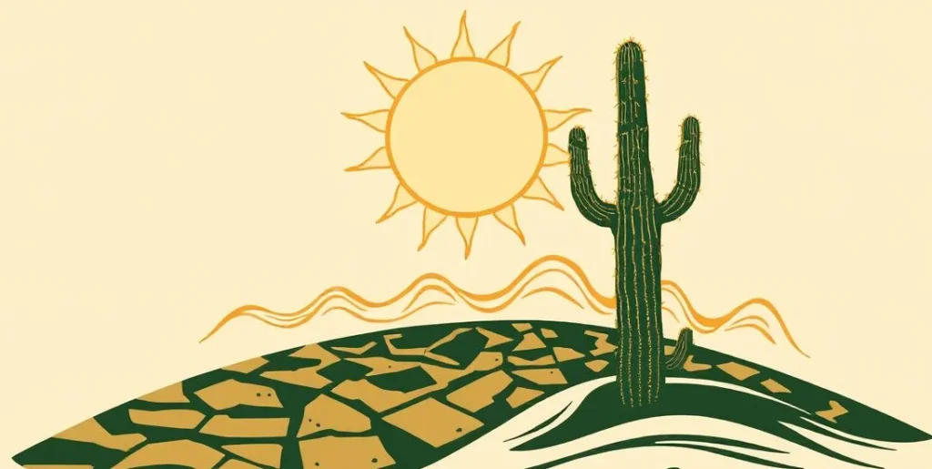 Illustration of a blazing sun above cracked desert earth and a tall cactus