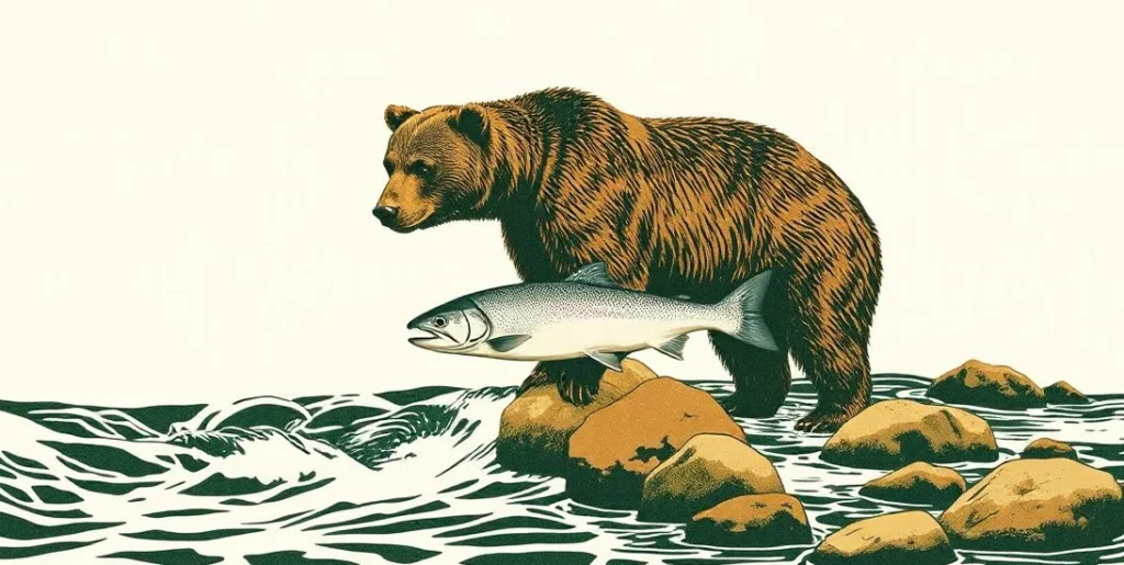 Illustration of a bear catching a leaping salmon in a rushing river