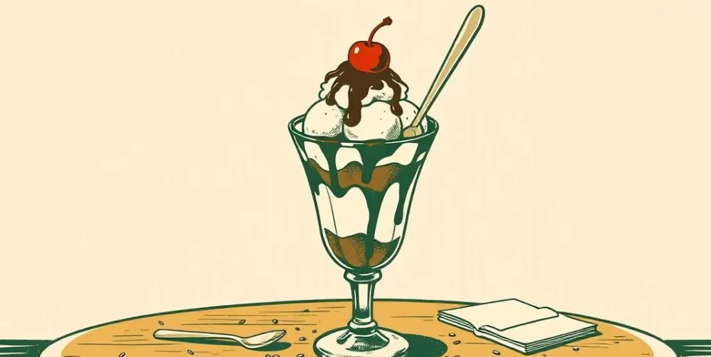 Illustration of a tall ice cream sundae with whipped cream, chocolate sauce and a cherry on a café table