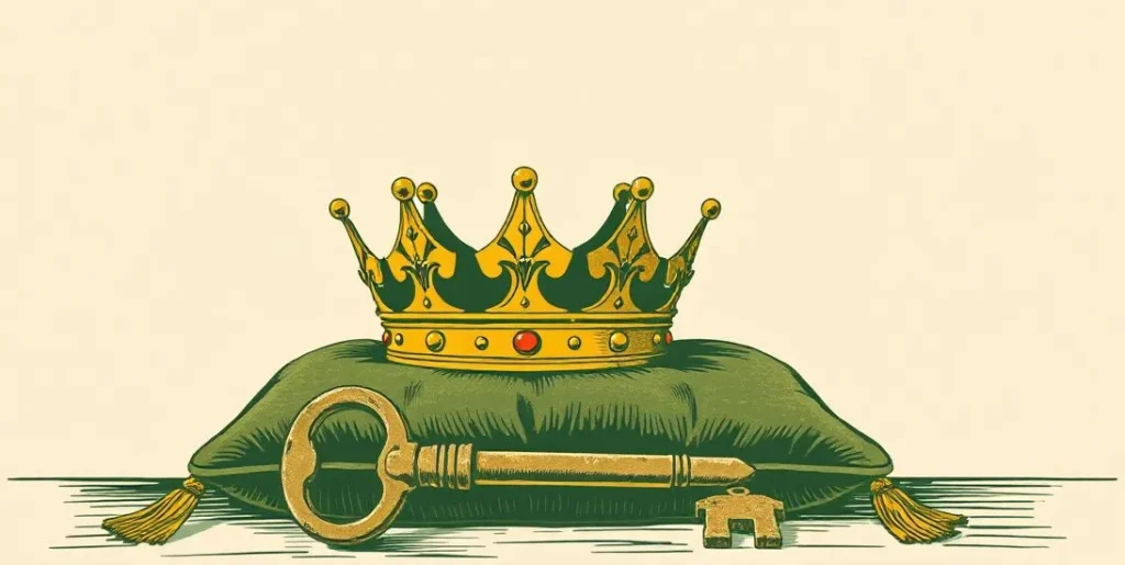 Illustration of a golden crown on a velvet cushion beside a large iron key