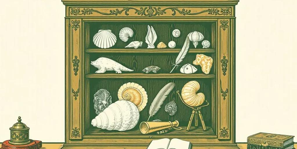 Illustration of a cabinet of curiosities with shells, fossils and feathers
