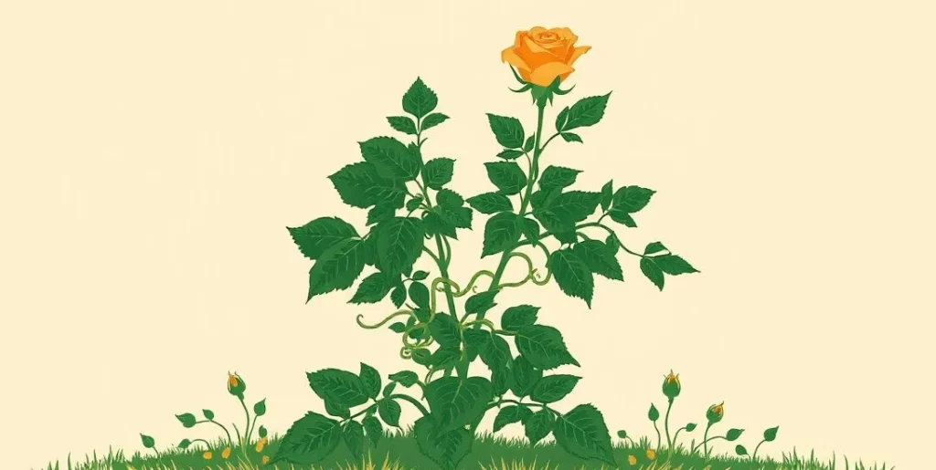 Illustration of a green vine choking a young rosebush in a garden