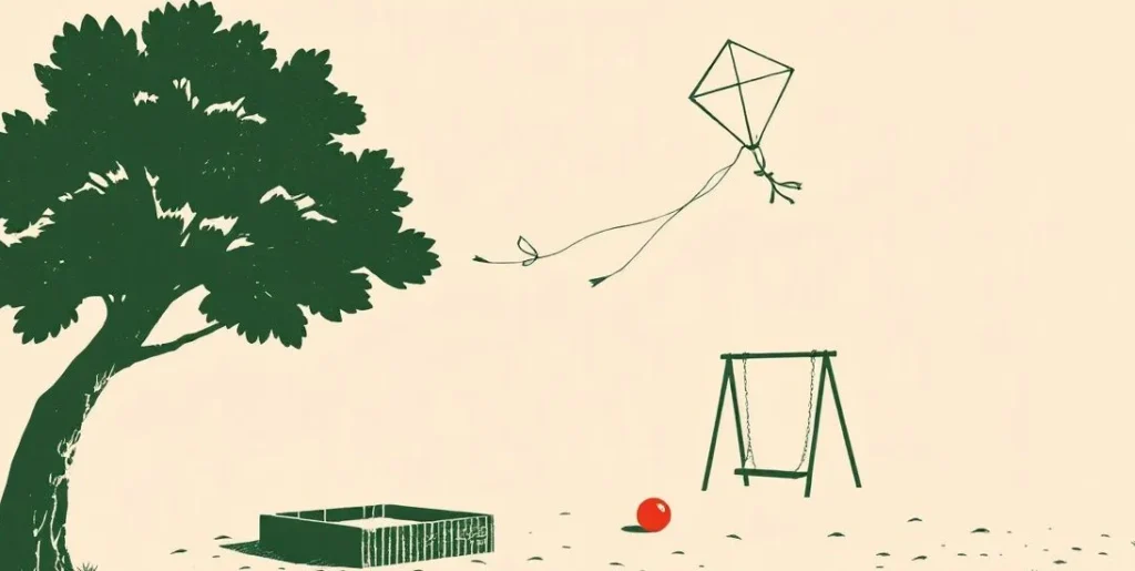 Illustration of a kite flying over a playground with a swing and ball