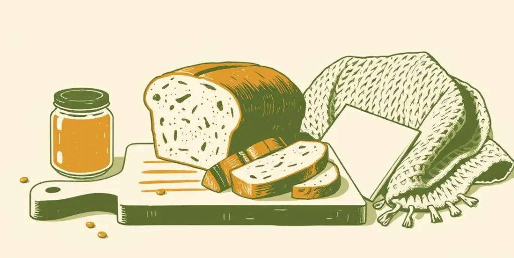 Illustration of a warm loaf of bread beside a jar of honey