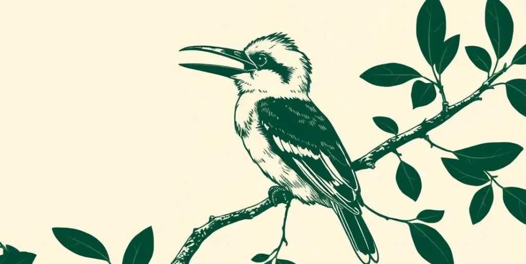 Illustration of a kookaburra calling from a eucalyptus branch