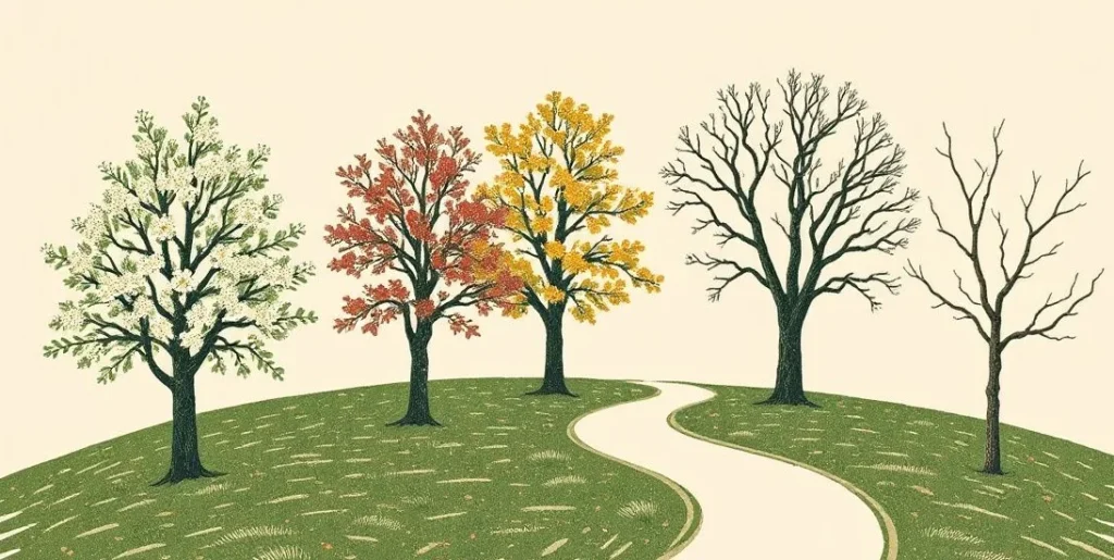 Illustration of a winding path past four trees in each season