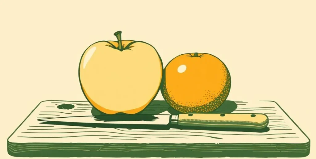 Illustration of an apple and an orange side by side on a cutting board