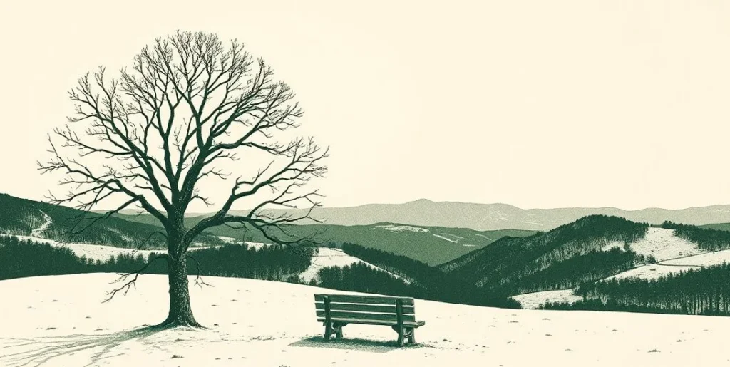 Illustration of a lone bare tree and an empty bench on a snowy hill under a gray sky
