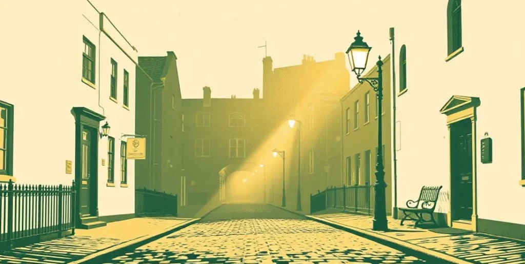 Illustration of a lone streetlamp glowing over an empty street on a foggy night