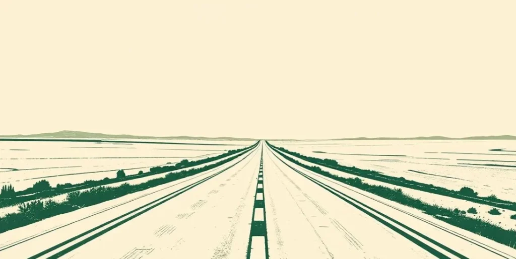Illustration of an empty highway stretching across flat prairie to the horizon