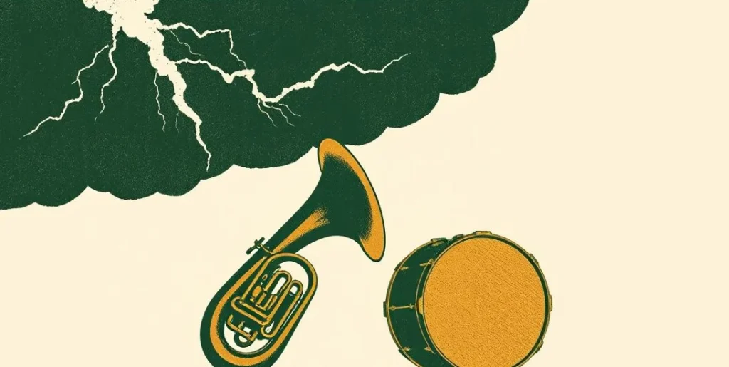 Illustration of a brass tuba and bass drum beneath a thunderbolt