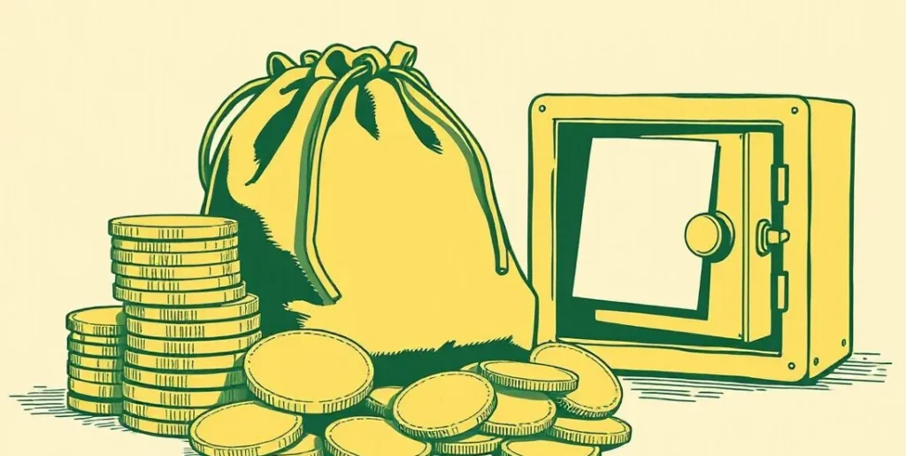 Illustration of stacked gold coins beside a leather purse and an open safe