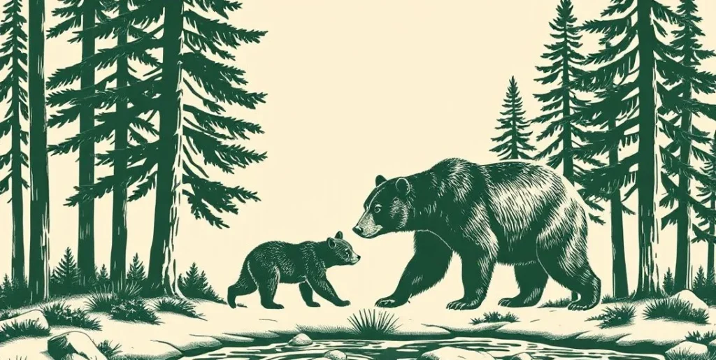 Illustration of a mother bear and her cub walking beside a forest stream