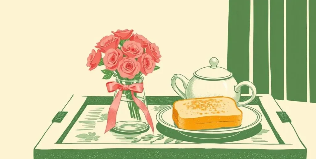 Illustration of a breakfast tray with tea, toast and pink carnations